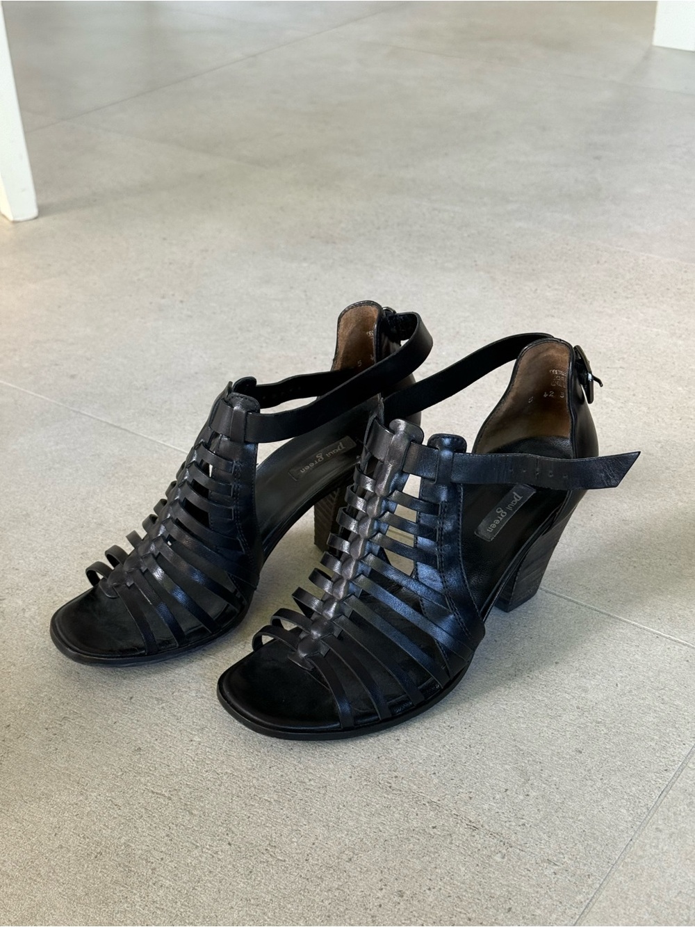Black Leather Strappy Block Heel Sandals